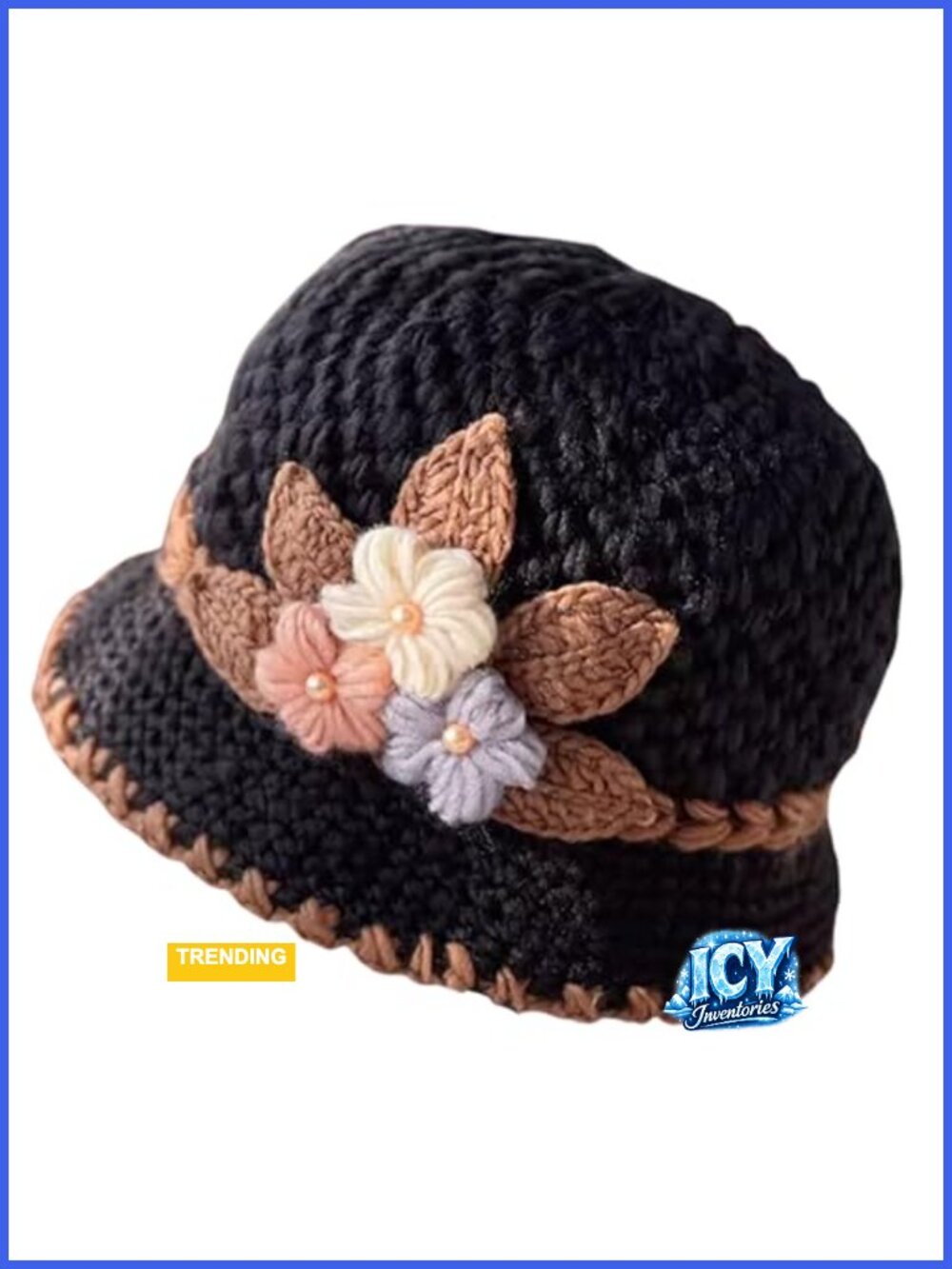 Women's Floral Knitted Beanie with Fleece Lining